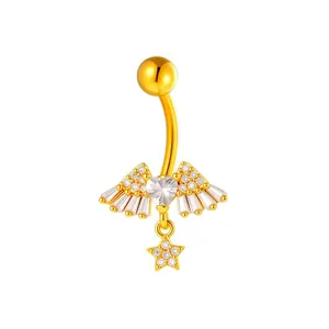 Piercing de ombligo dorado con alas de ángel, cristal de corazón y estrella colgante