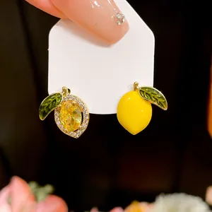 14K Gold Plated Asymmetric Lemon Stud Earrings With 925 Sterling Silver Post Yellow Zircon Enamel Fruit Earring For Women