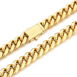 Elegant polished gold stainless steel Cuban link necklace featuring a secure box clasp closure