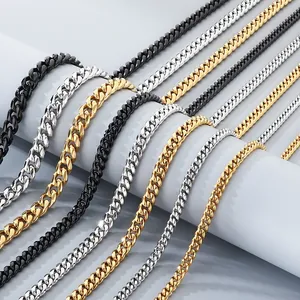 Close-up of stainless steel Cuban link chains in silver, gold, and black finishes