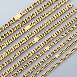 Various widths of gold-toned stainless steel Cuban link necklaces for unisex wear