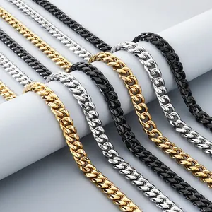 Macro detail of stainless steel Cuban link necklaces in gold, silver, and black finishes.