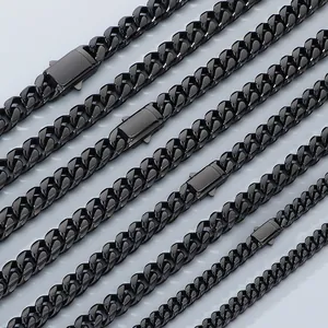 Polished black stainless steel Cuban link necklaces in multiple widths with snap clasp