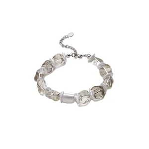 Bracelet élégant en perles de verre champagne transparent avec extension de chaîne réglable argent