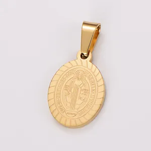 Colgante ovalado vintage de acero inoxidable dorado con medalla de San Benito