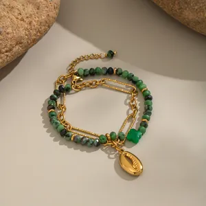 Bohemian vintage natural stone beaded bracelet featuring a gold shell pendant and chain