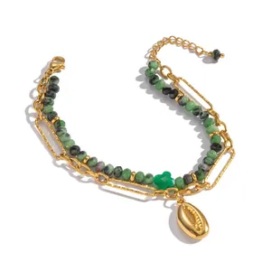 Bohemian gold-plated stainless steel bracelet with natural green stone beads and cowrie shell