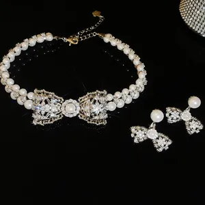 Set di collana e orecchini con fiocco di perle e zirconi vintage per gioielli da sposa