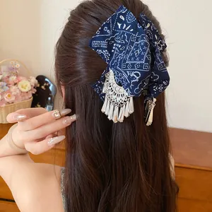 Gedetailleerde weergave van een paisley haarclip met zilveren kwastjes detail.