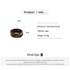 Product detail showing 8cm resin bangle dimensions, weight 21.9g and material specs.