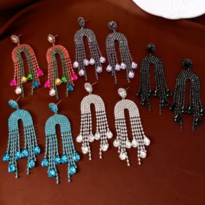 Luxury Copper Rhinestone Water Drop Tassel Stud Earrings Silver Earring Post Elegant Wedding Party Jewelry For Women