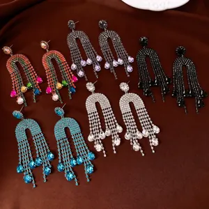 Luxurious silver needle rhinestone tassel earrings with dangling teardrop crystals for women