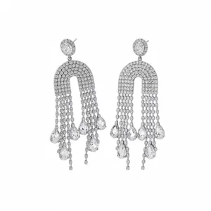 Luxury silver tassel drop earrings with sparkling cubic zirconia water drop pendants for women