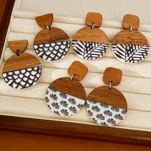 Vintage Ethnic Style Wooden Resin Splice Round Stud Earrings For Women Handmade Plant Print Geometry Jewelry Gift