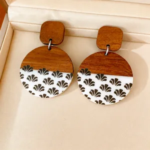 Elegant retro ethnic style wooden and resin circular drop earrings with floral prints