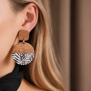 Ethnic style retro wooden and resin circular stud earrings with leaf print for women