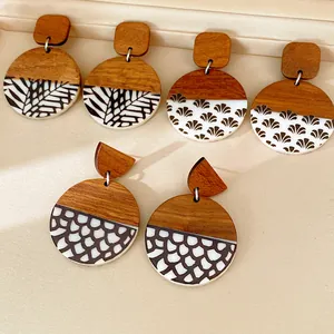 Detailed view of vintage ethnic style resin and wood circular printed earrings set