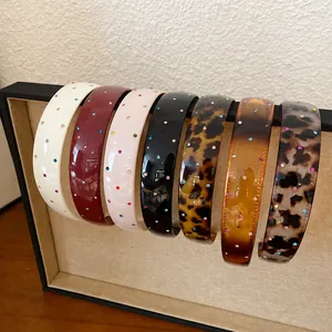 Set of French retro acrylic headbands with colorful rhinestones and leopard prints