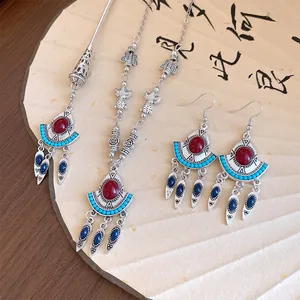 Böhmischer Retro Legierung Harz Quaste Schmuck Für Damen Ethno Rund Wassertropfen Anhänger Halskette Haarnadel Ohrringe Set