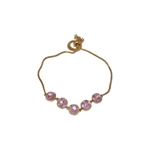 Adjustable 18k gold plated bracelet featuring five elegant square-cut pink zircon stones