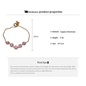 Detailed view of 18k gold plated bracelet featuring square pink rhinestones and adjustable chain
