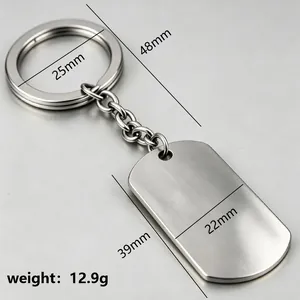 Detail view showing precise measurements of the stainless steel dog tag keychain.