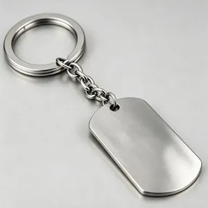 Macro view of a blank stainless steel dog tag keychain with a mirror polished finish