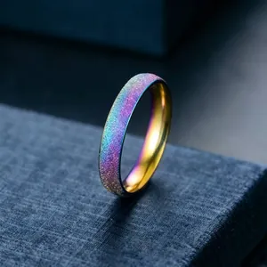 Close-up of rainbow frosted titanium steel ring with sparkling sandblasted finish detail