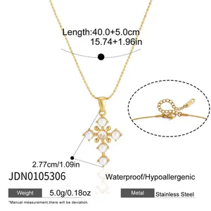 Detailed specs of stainless steel cross necklace with measurements and material info