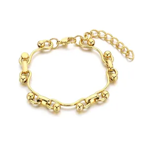 French style gold stainless steel wavy bead bracelet for women on white background