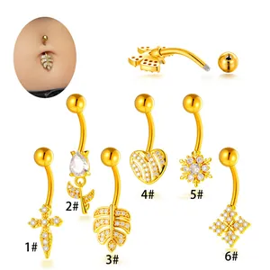 Set of gold plated belly button rings featuring zircon cross heart leaf and snowflake designs