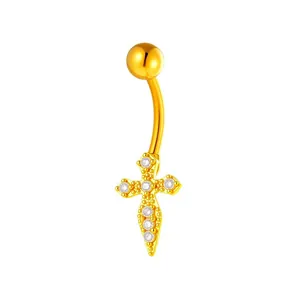 Elegant gold-plated stainless steel belly ring with a zircon-encrusted cross pendant