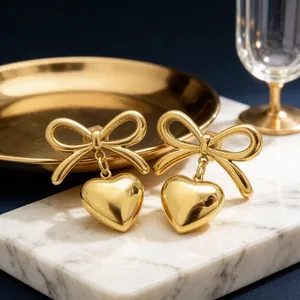 Stainless Steel Bow Heart Stud Earrings For Women Sweet Bowknot Heart Pendant Drop Earrings Fashion Versatile Jewelry
