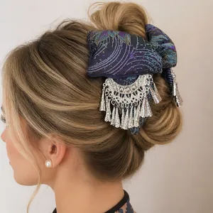 Ethnic embroidered hair claw clip with silver tassels for Hanfu and Cheongsam