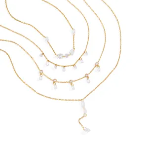 Layered gold plated stainless steel necklaces with clear cubic zirconia water drop charms