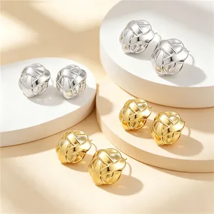 Stainless Steel Diamond Grid Button Stud Earrings Gold Silver Two Tone Geometric Woven Texture Vintage Luxury Women Jewelry