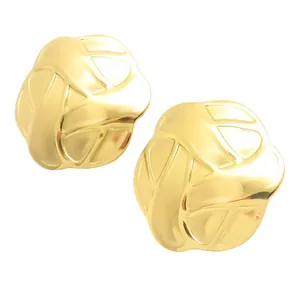 Elegant minimalist stainless steel gold button stud earrings with textured grid pattern design