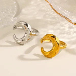 Textured stainless steel crescent moon open rings, gold and silver adjustable design