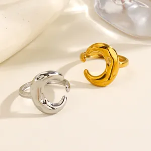Minimalist textured crescent moon open rings in gold and silver finish stainless steel jewelry.