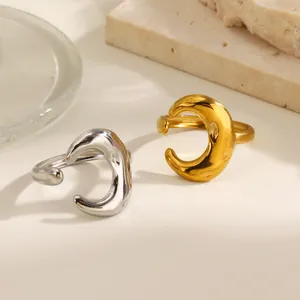 Minimalist stainless steel moon open rings in polished gold and silver finishes