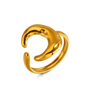 Minimalist stainless steel crescent moon open ring featuring a polished gold finish
