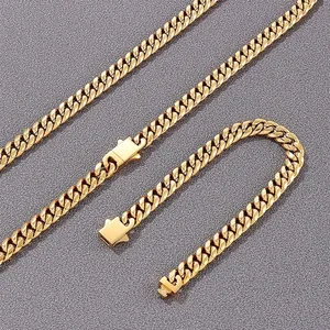 Parure de bijoux collier et bracelet à mailles cubaines en acier doré 8mm style hip hop