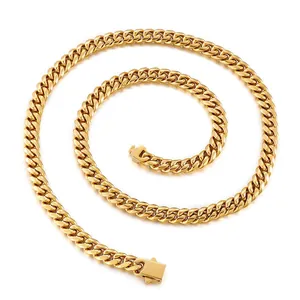 Detailed view of 8mm gold-plated stainless steel Cuban link chain with high polish finish.