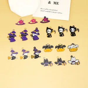 Collection of colorful Halloween enamel charms featuring witch cats and spooky pumpkin designs