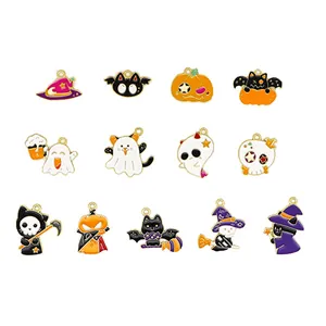 Halloween enamel charms set with pumpkins, ghosts, and black cats for DIY jewelry