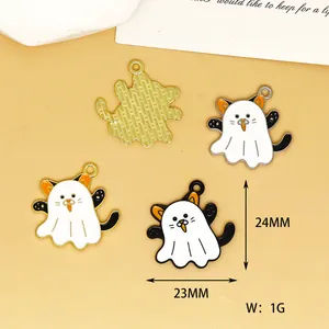 Detail view of Halloween ghost cat enamel charms showing precise 23x24mm dimensions