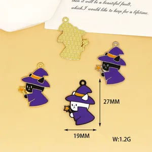 Detailed view of Halloween wizard cat enamel charm with size 27mm x 19mm and 1.2g weight