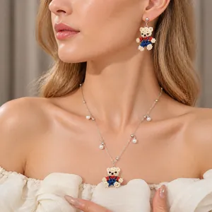 Handmade beaded bear pearl necklace and earring set for women