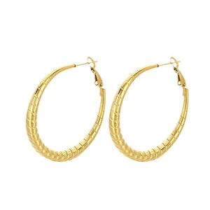 Elegant 18k gold plated stainless steel hoop earrings with ribbed texture for women