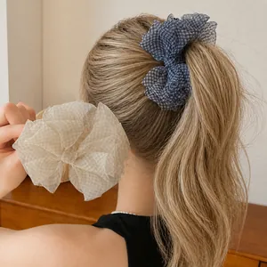 Elegante fermaglio per capelli in organza con fiocco a quadretti stile coreano chic
